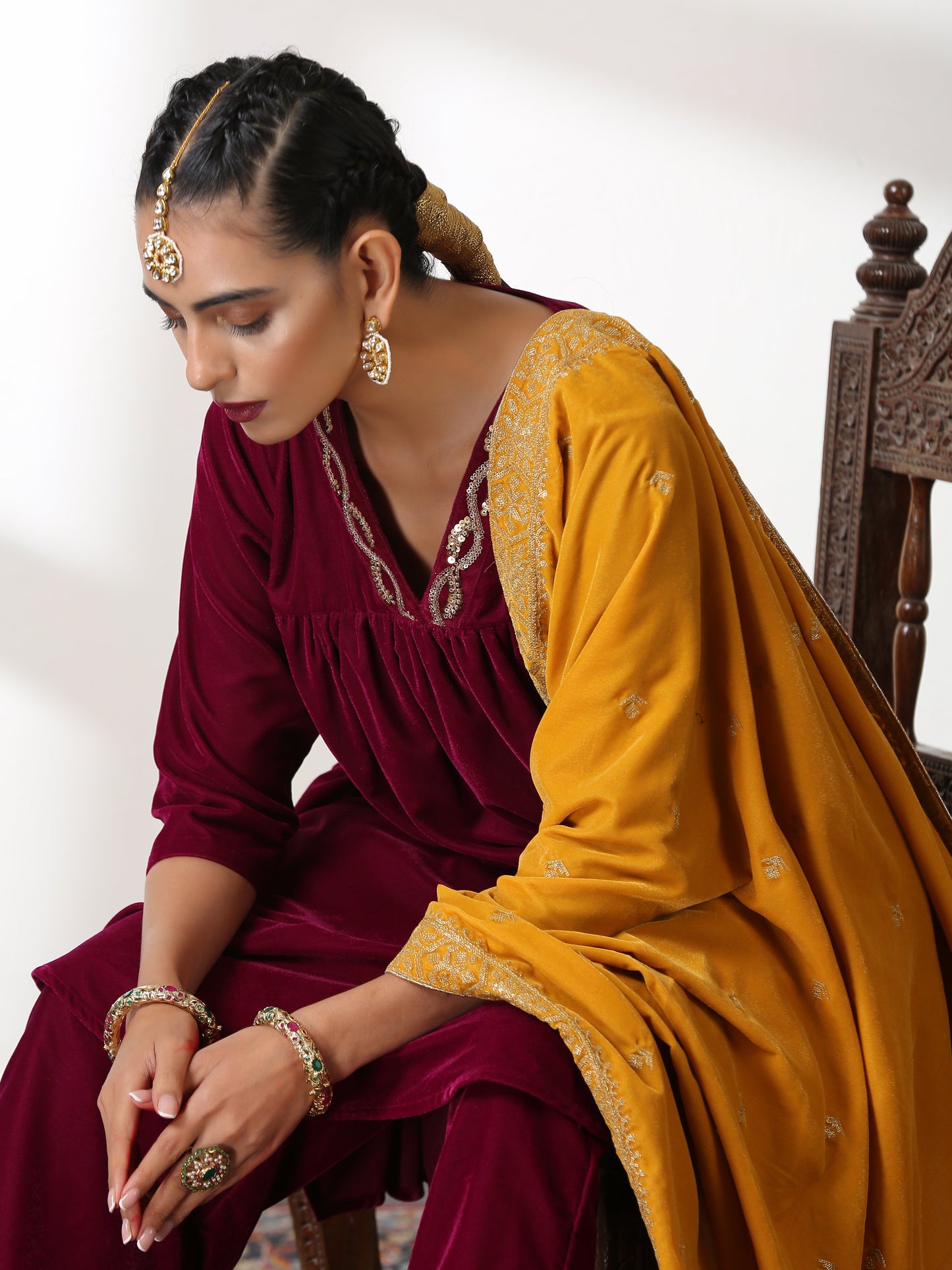 Dhiyona ST Women's Plum Velvet Kurta with Sequinned Neckline and Pants 2 Piece Set | Straight Fit, V Neck, 3/4 Sleeves, Pants, Partywear, (Velvet)
