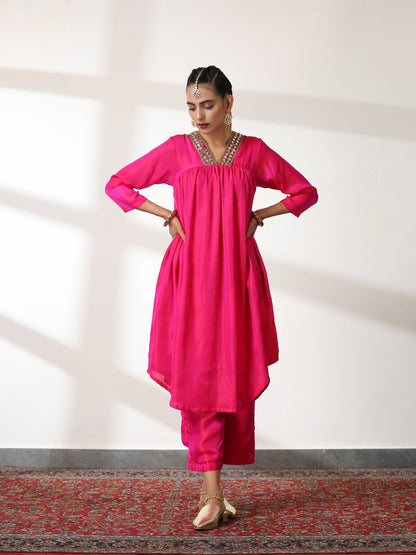 Dhiyona ST Women's Fuchsia Kurta Set with Mirror Lace and Pants 2 Piece Set | Straight Fit, V Neck, 3/4 Sleeves, Pants, Festive Wear, (Satin)