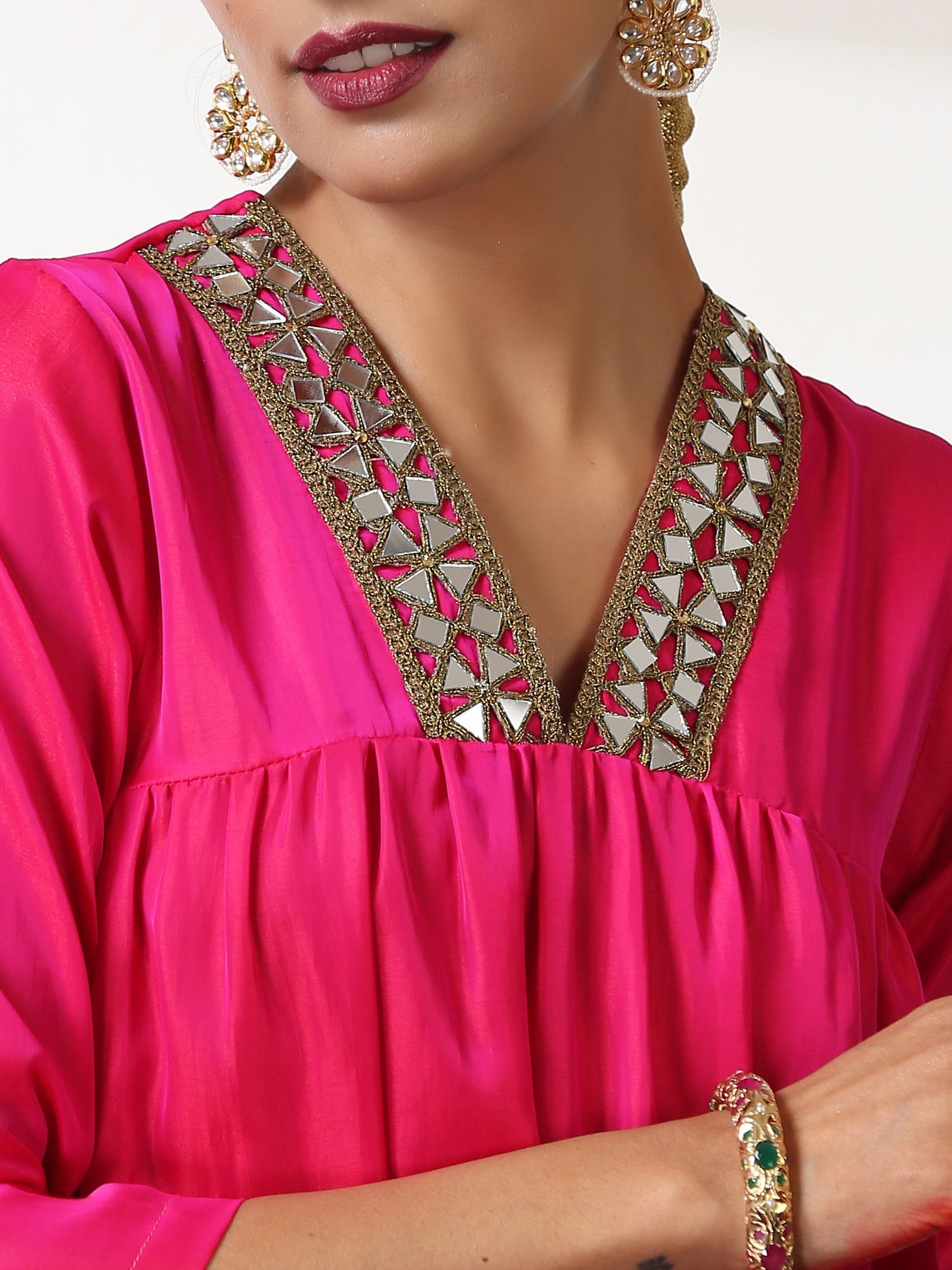 Dhiyona ST Women's Fuchsia Kurta Set with Mirror Lace and Pants 2 Piece Set | Straight Fit, V Neck, 3/4 Sleeves, Pants, Festive Wear, (Satin)