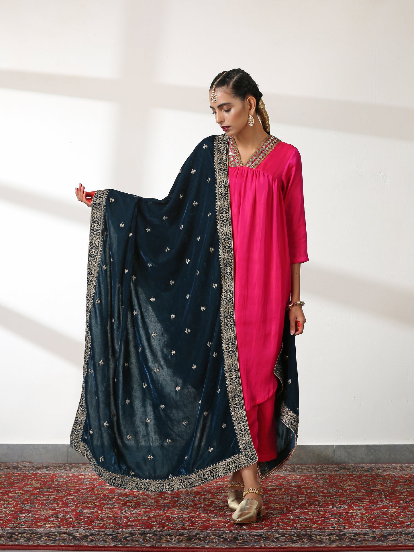 Dhiyona ST Women's Fuchsia Kurta Set with Mirror Lace and Pants 2 Piece Set | Straight Fit, V Neck, 3/4 Sleeves, Pants, Festive Wear, (Satin)