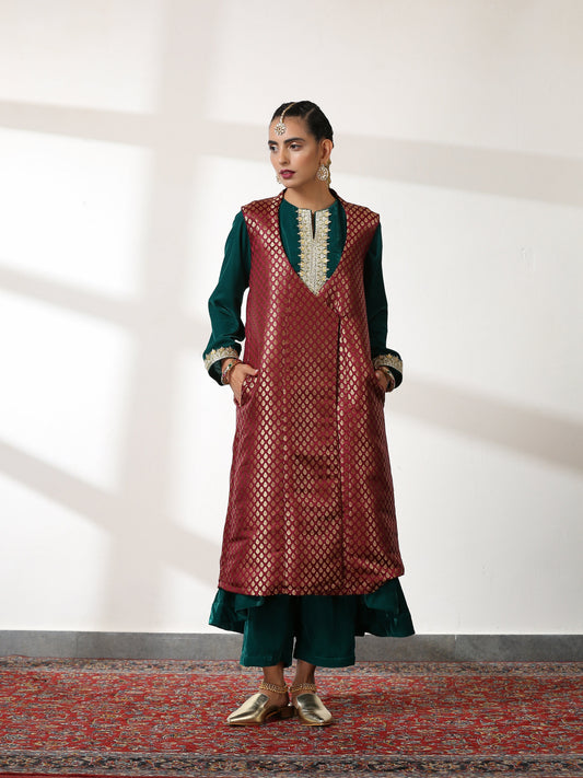 Dhiyona ST Jacket - Silk Wine Jacquard Sleeveless Wrap Jacket with Pockets