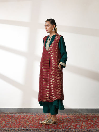 Dhiyona ST Jacket - Silk Wine Jacquard Sleeveless Wrap Jacket with Pockets