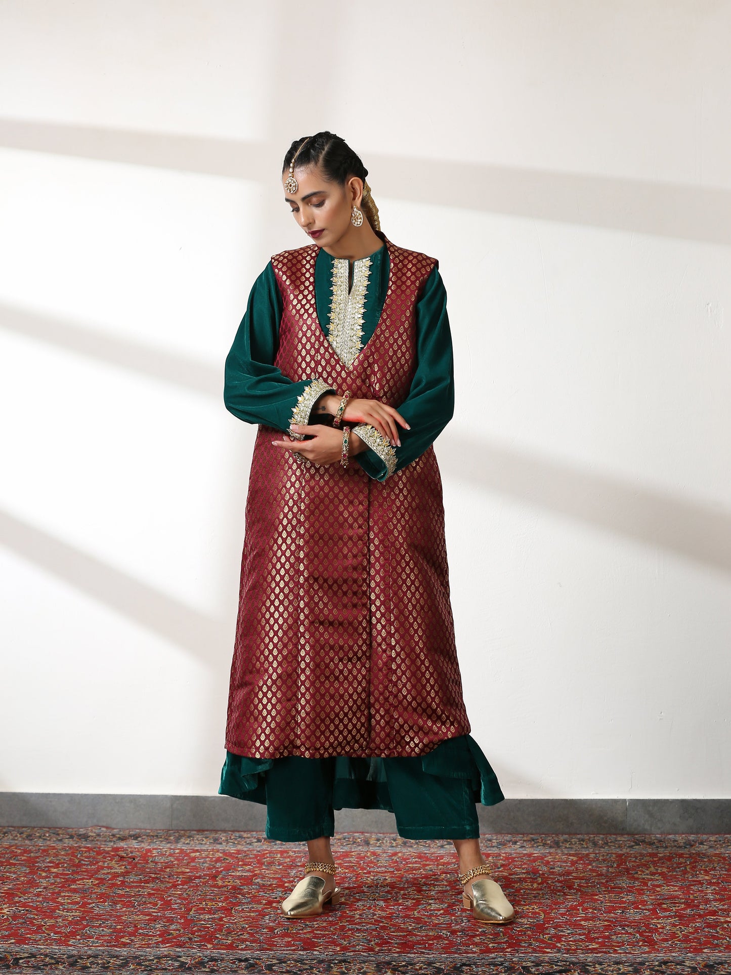 Dhiyona ST Jacket - Silk Wine Jacquard Sleeveless Wrap Jacket with Pockets