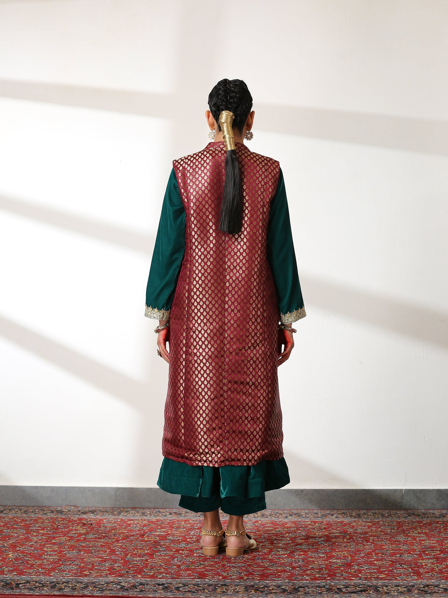 Dhiyona ST Jacket - Silk Wine Jacquard Sleeveless Wrap Jacket with Pockets