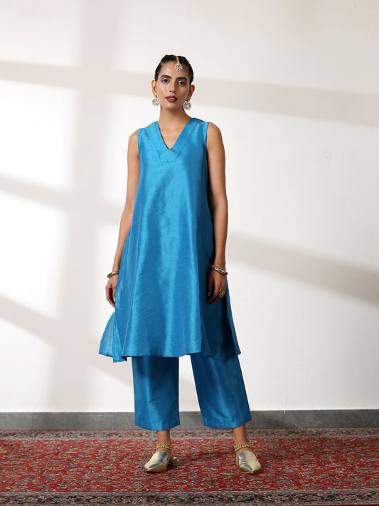 Dhiyona ST Women's Teal Dupion Silk Blend Top Set with Pants 2 Piece Set | Straight Fit, V Neck, Sleeveless, Pants, Workwear, (Silk Blend)