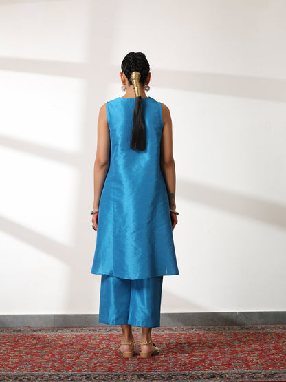 Dhiyona ST Women's Teal Dupion Silk Blend Top Set with Pants 2 Piece Set | Straight Fit, V Neck, Sleeveless, Pants, Workwear, (Silk Blend)