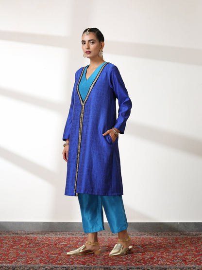 Dhiyona ST Women's Teal Dupion Silk Blend Top Set with Pants 2 Piece Set | Straight Fit, V Neck, Sleeveless, Pants, Workwear, (Silk Blend)