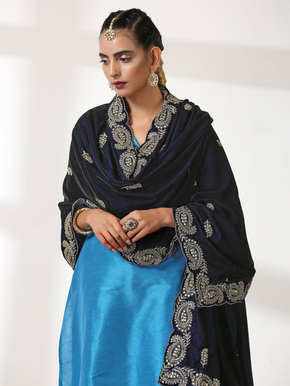 Dhiyona ST Velvet Peacock Feather Blue Shawl