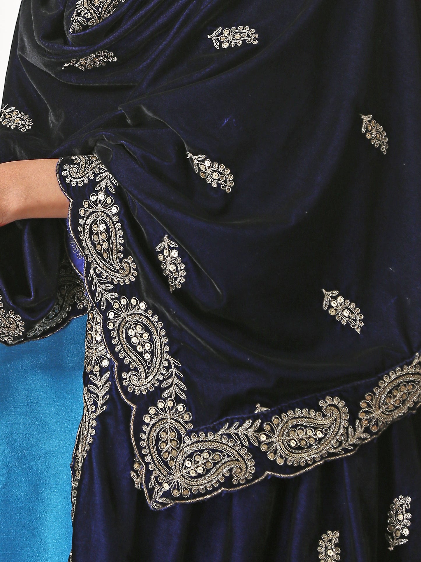Dhiyona ST Velvet Peacock Feather Blue Shawl
