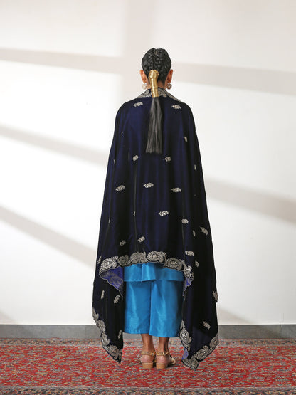 Dhiyona ST Velvet Peacock Feather Blue Shawl