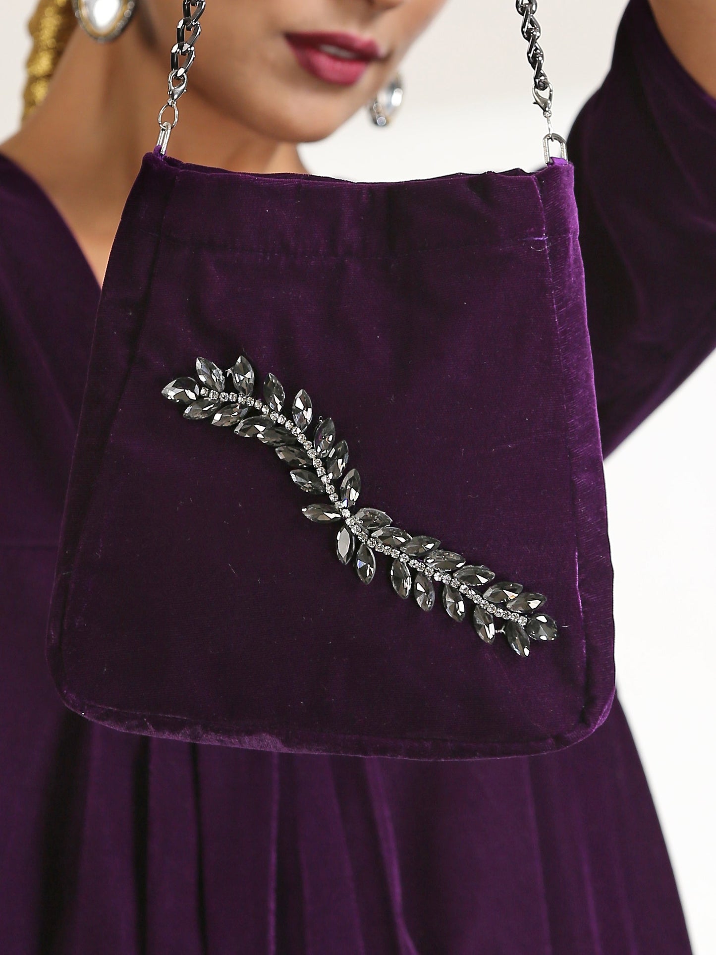 Dhiyona ST Bag Potli - Purple with Bronze Glass patch & Metal Handle