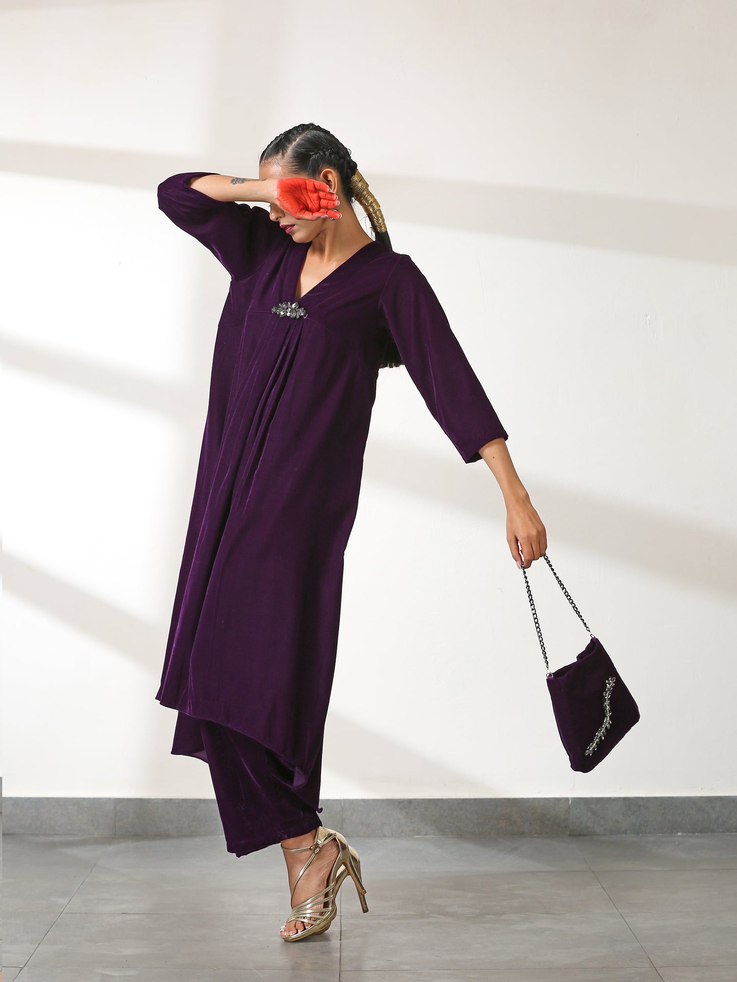 Dhiyona ST Bag Potli - Purple with Bronze Glass patch & Metal Handle