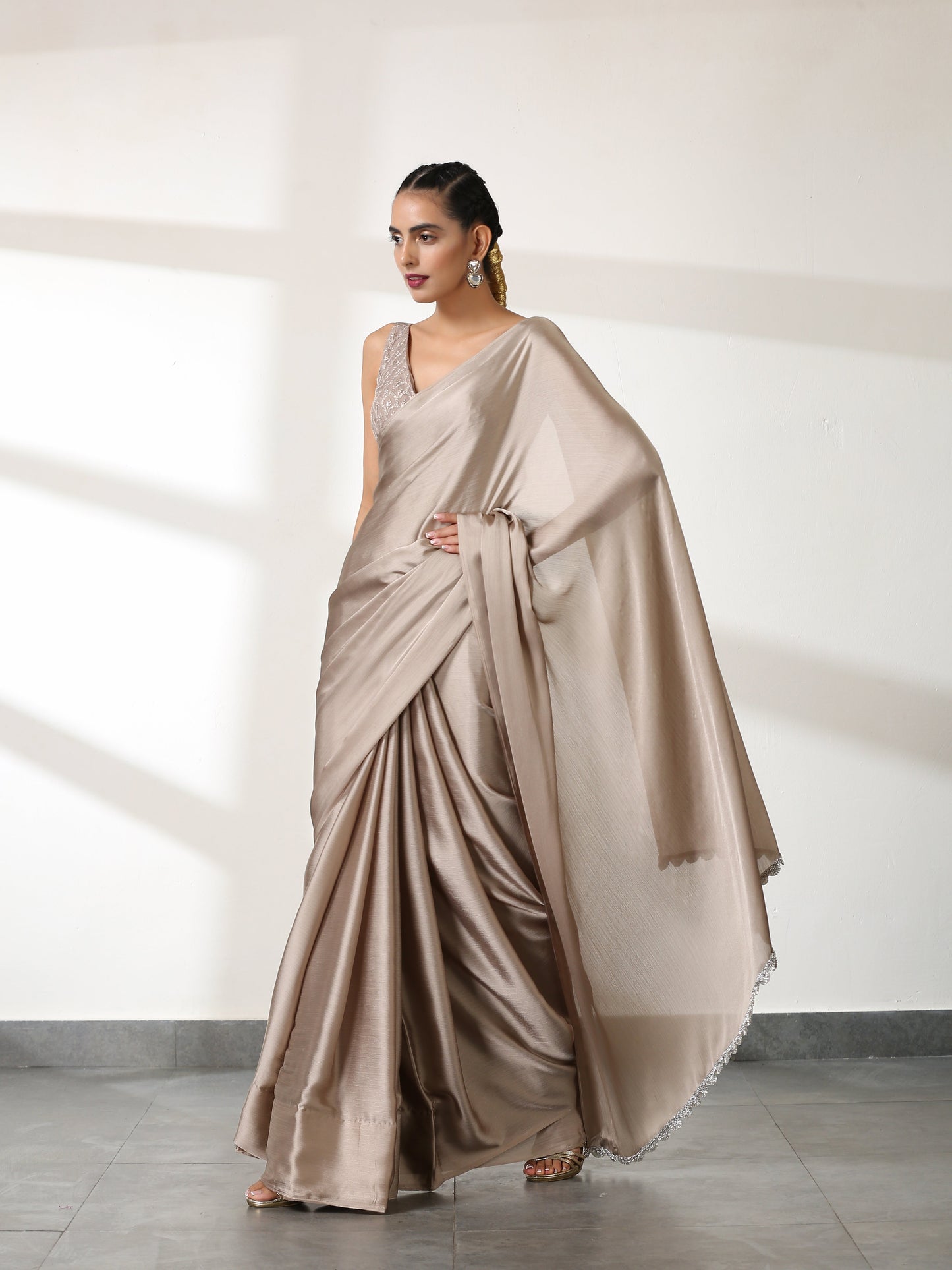 Dhiyona ST Burning Sand Butter Chiffon Saree with Embroidered Blouse Fabric