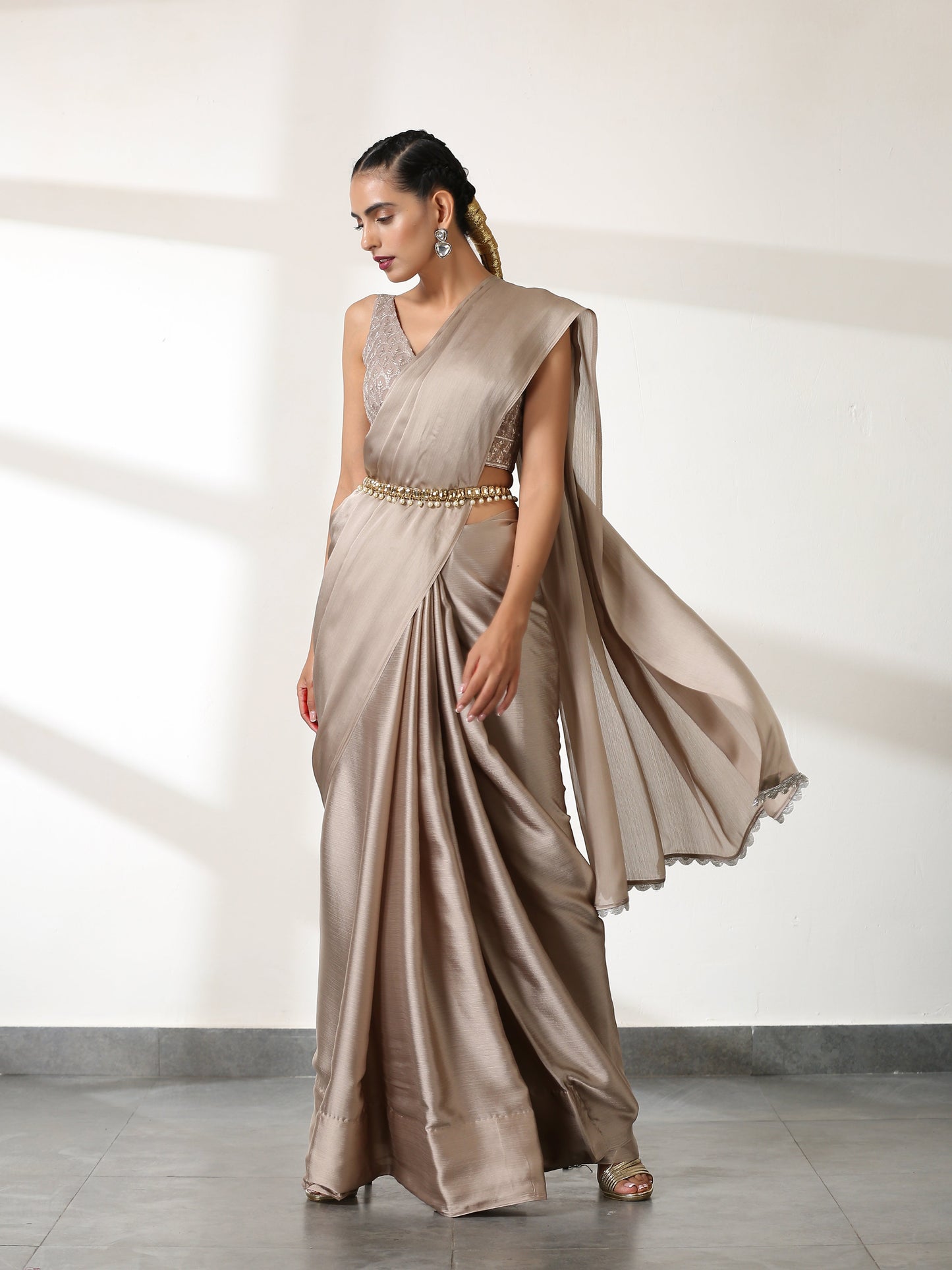 Dhiyona ST Burning Sand Butter Chiffon Saree with Embroidered Blouse Fabric