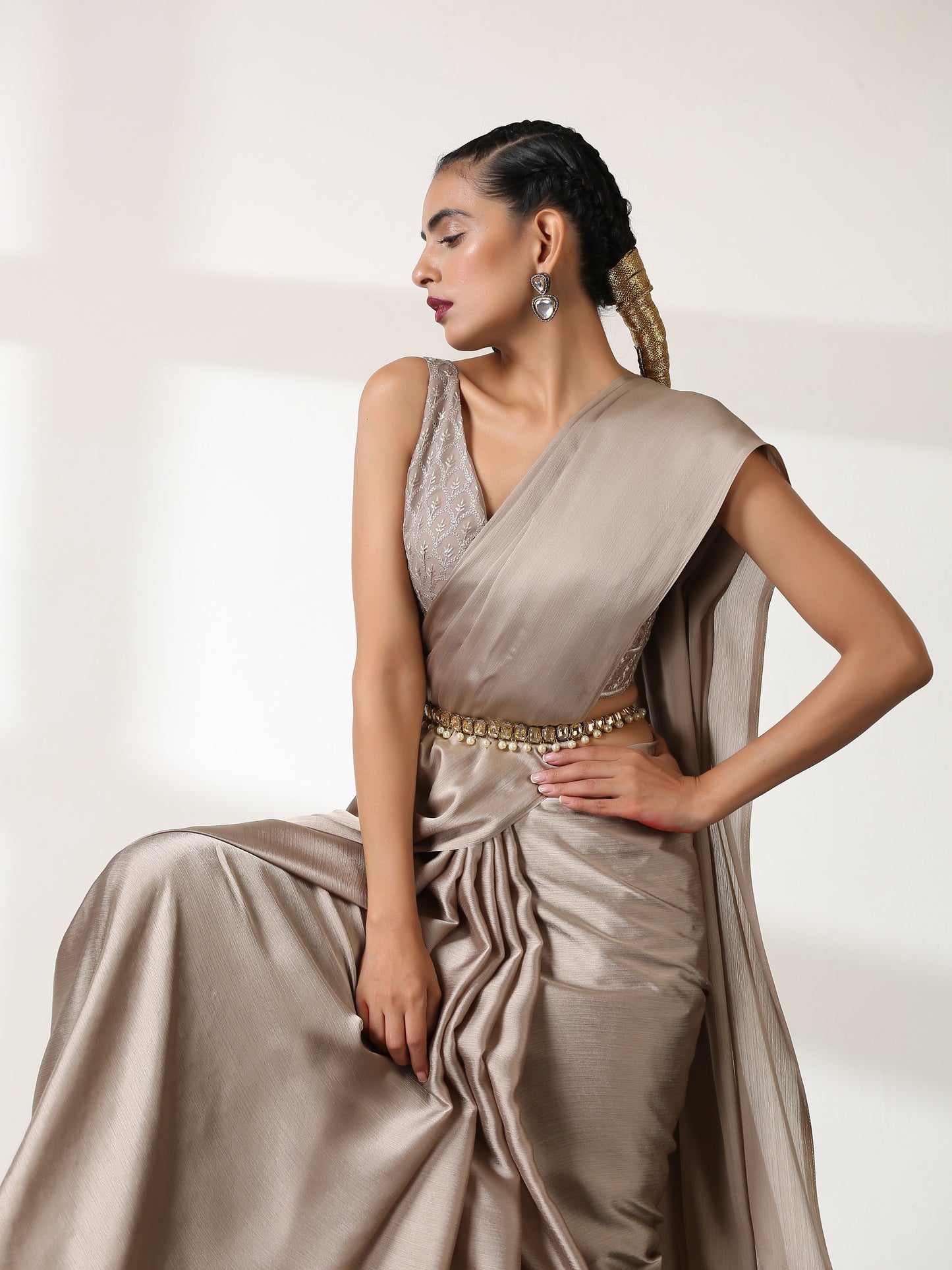 Dhiyona ST Burning Sand Butter Chiffon Saree with Embroidered Blouse Fabric