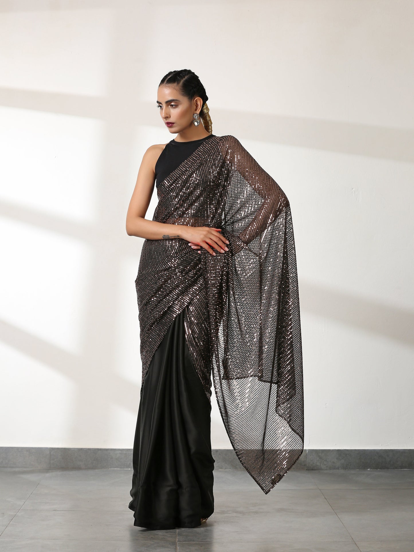 Dhiyona ST Striking Black and Bronze Sequin Saree