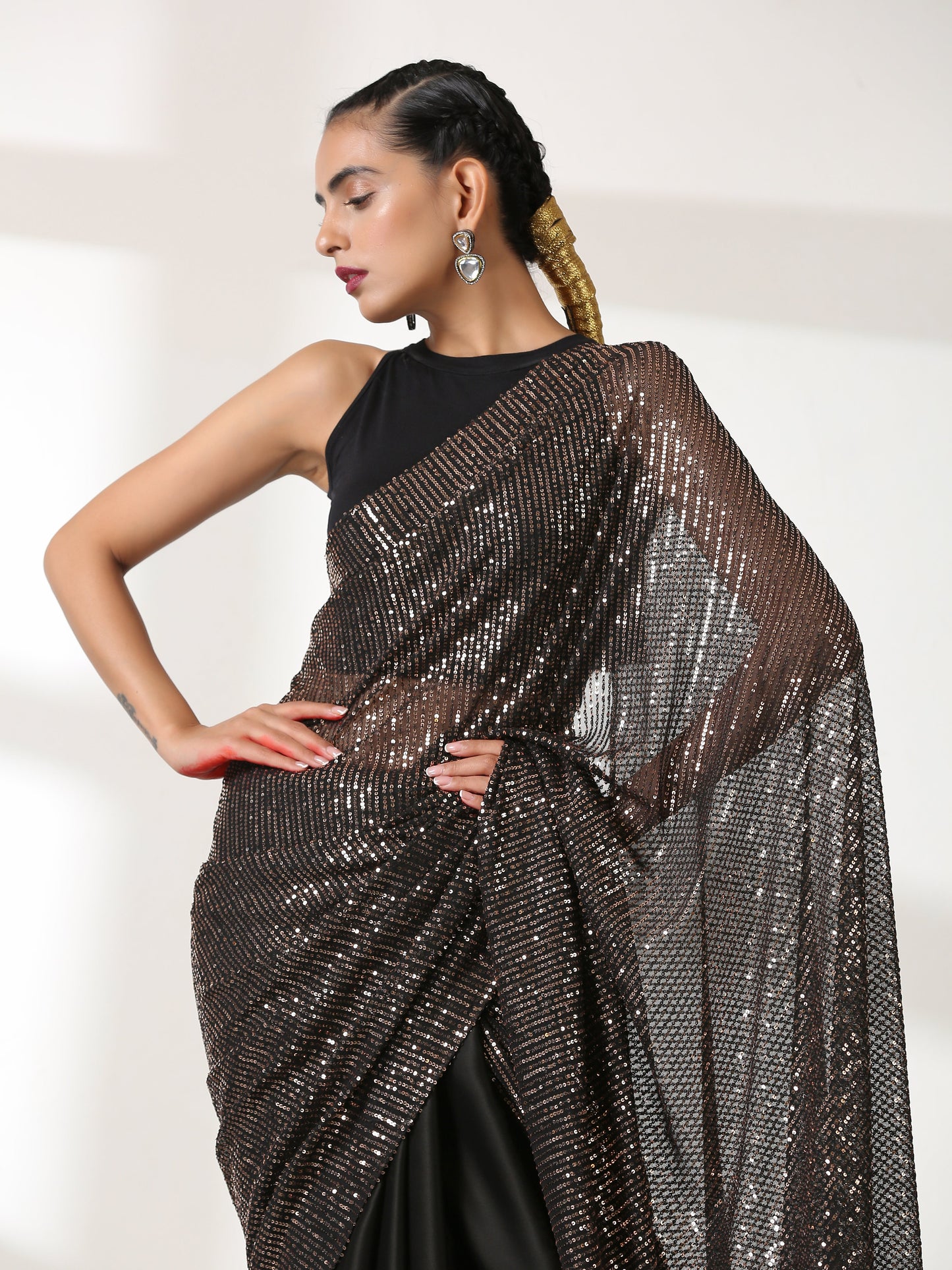 Dhiyona ST Striking Black and Bronze Sequin Saree