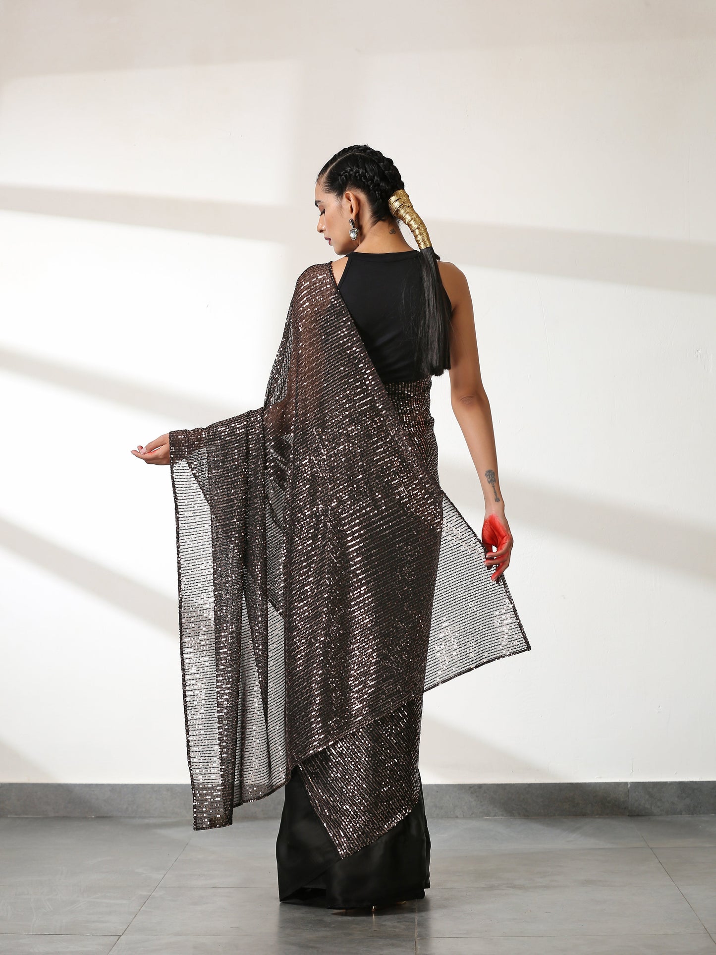 Dhiyona ST Striking Black and Bronze Sequin Saree