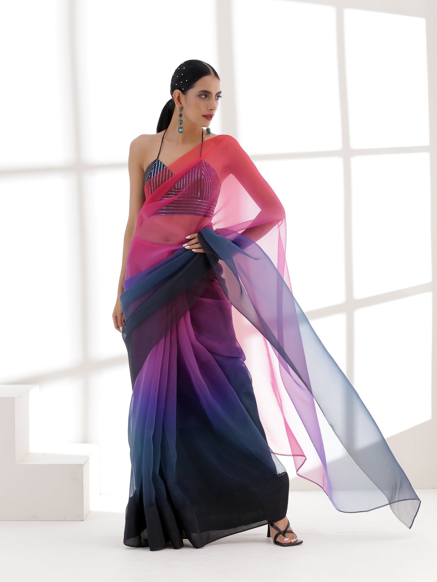 Dhiyona ST Pink & Blue Ombre Organza Printed Saree