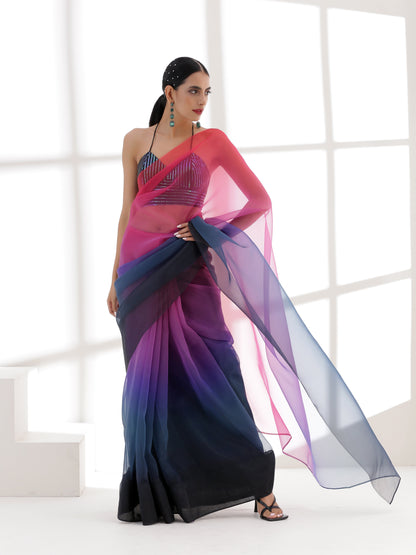 Dhiyona ST Pink & Blue Ombre Organza Printed Saree