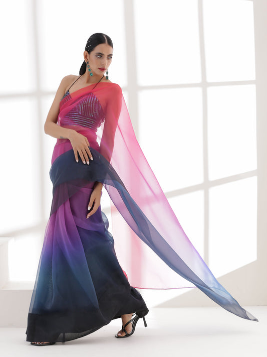 Dhiyona ST Pink & Blue Ombre Organza Printed Saree