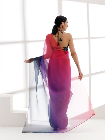 Dhiyona ST Pink & Blue Ombre Organza Printed Saree