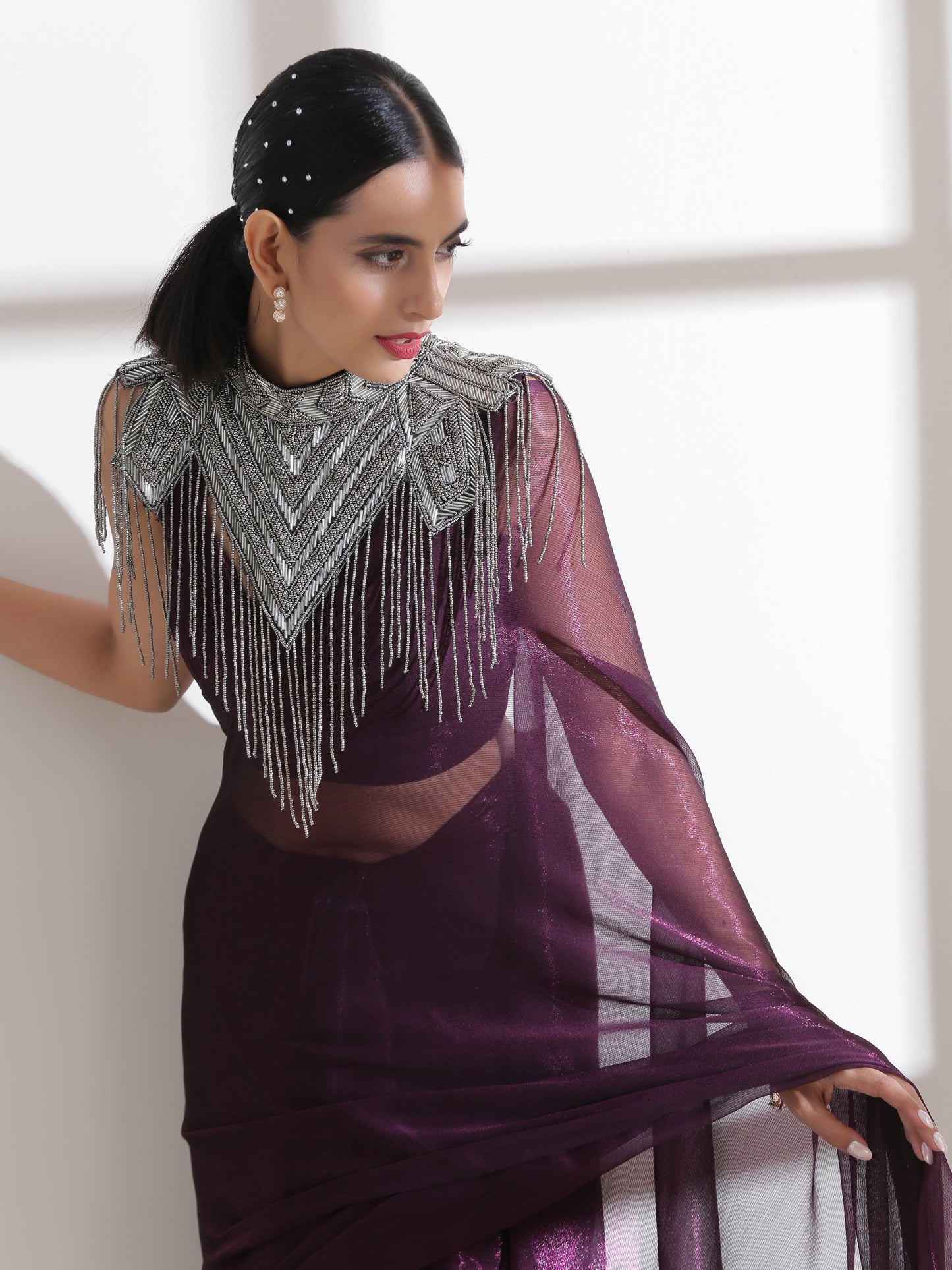 Dhiyona ST Cape - Silver Grey Beaded Diagonal Cape