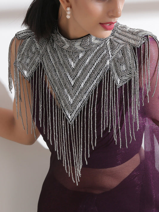 Dhiyona ST Cape - Silver Grey Beaded Diagonal Cape