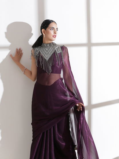 Dhiyona ST Dual Shade Wine Shimmer Chiffon Saree