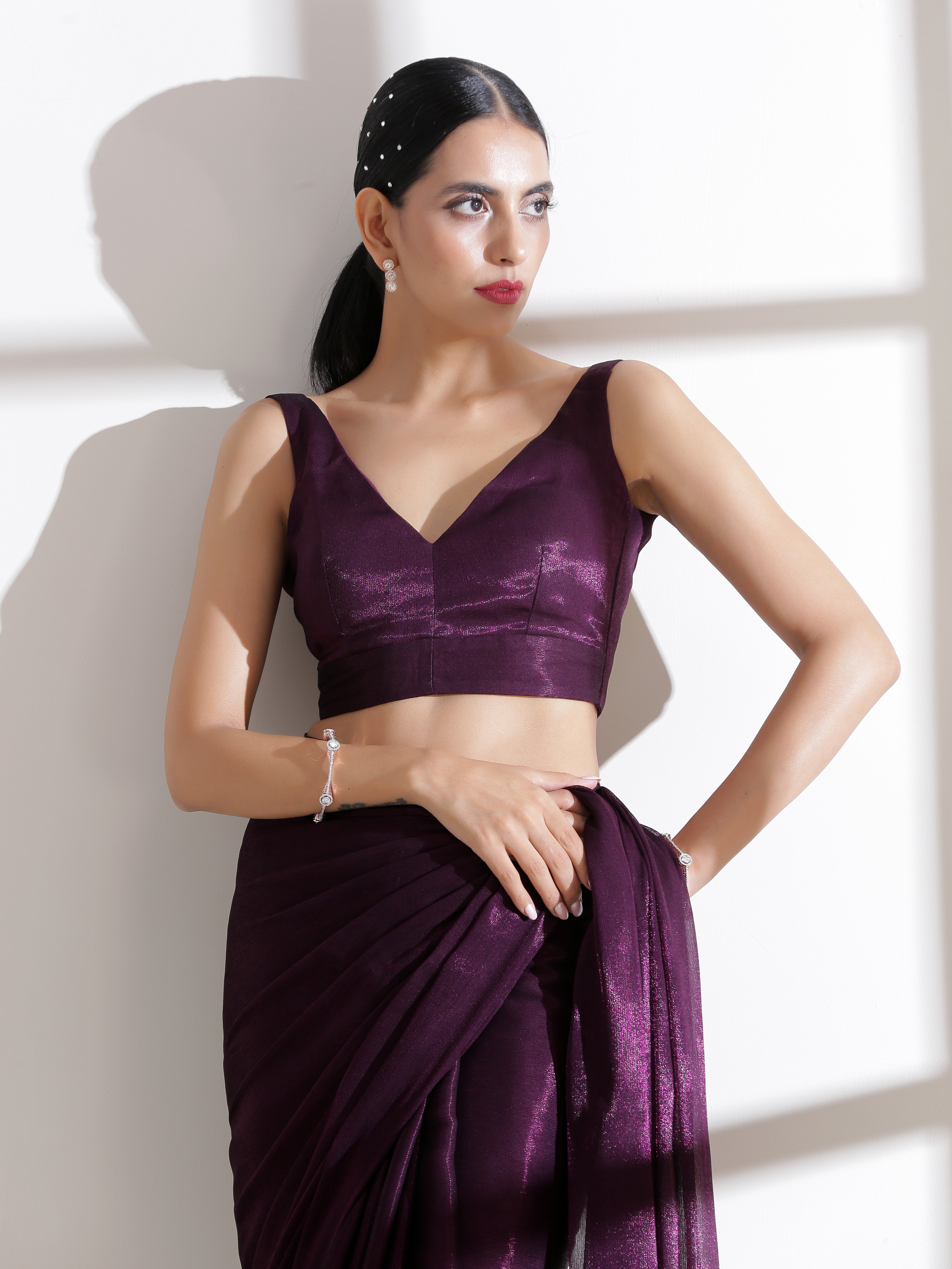 Dhiyona ST Blouse - V-Neck Wine Shimmer Blouse