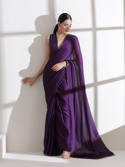 Dhiyona ST Royal Amethyst Purple Saree With Embroidered Blouse Fabric