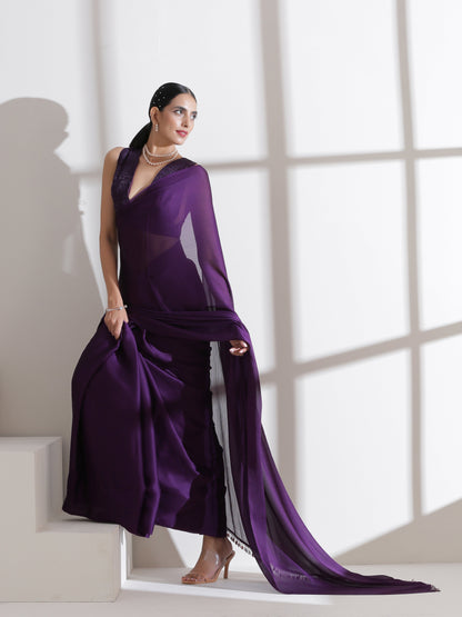 Dhiyona ST Royal Amethyst Purple Saree With Embroidered Blouse Fabric