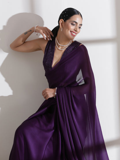 Dhiyona ST Royal Amethyst Purple Saree With Embroidered Blouse Fabric