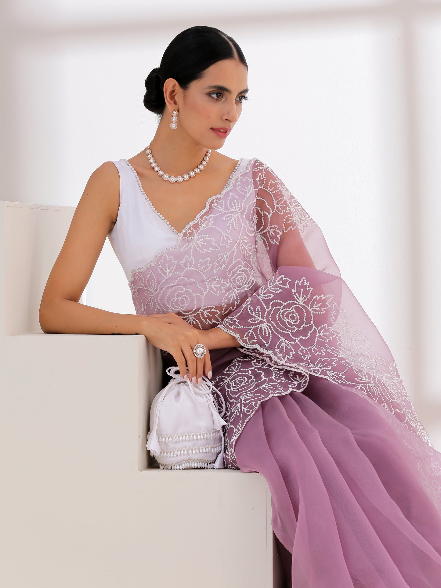 Dhiyona ST Potli - White Satin with White Beaded Lace Potli