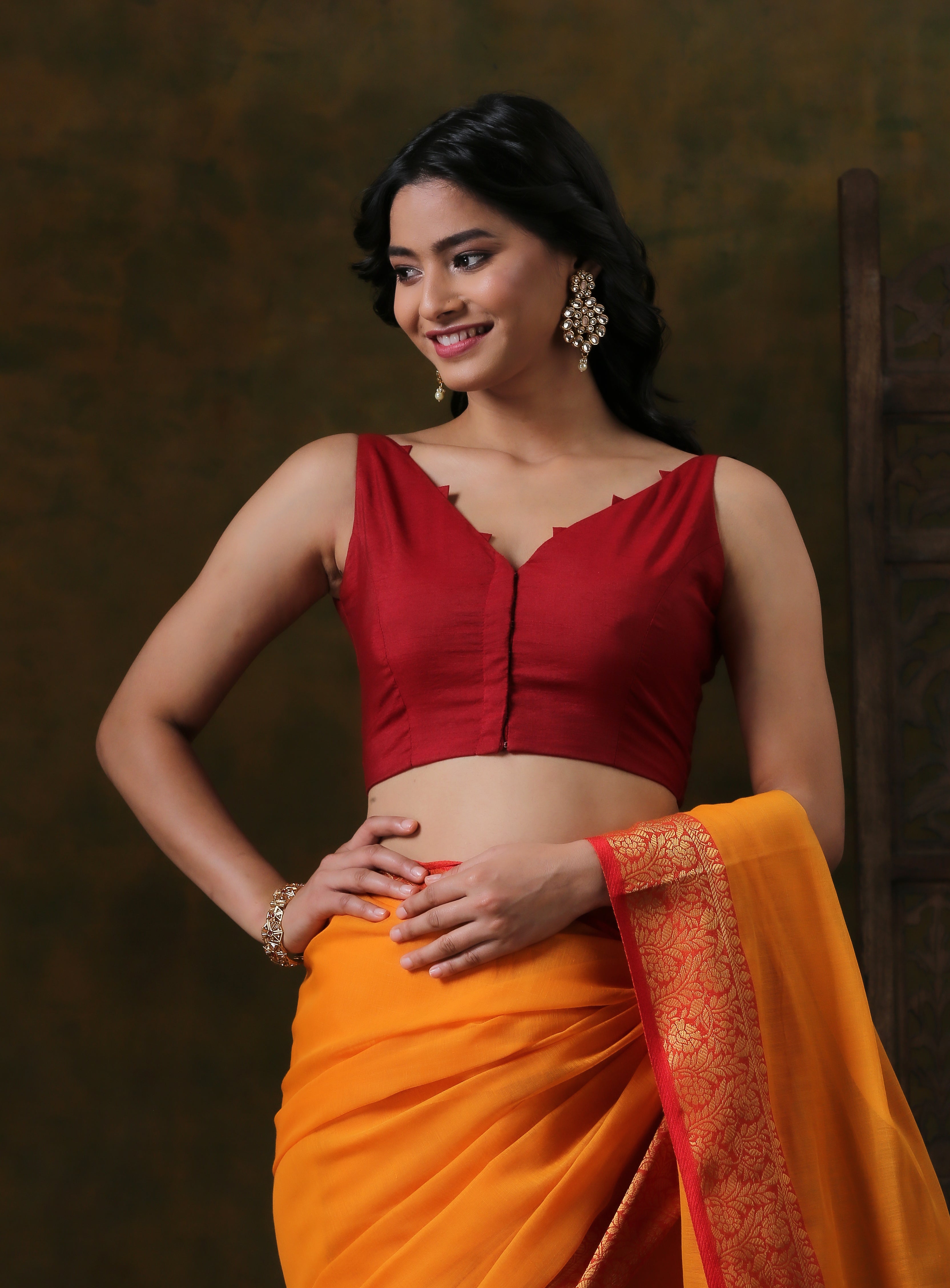 Dhiyona ST Blouse -Darling Maroon V neck Sleeveless Blouse