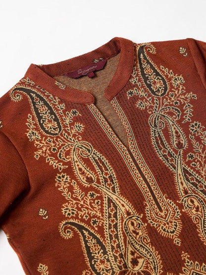 Women Paisley Woven Design Mandarin Collar Straight Kurta With Trousers & Dupatta