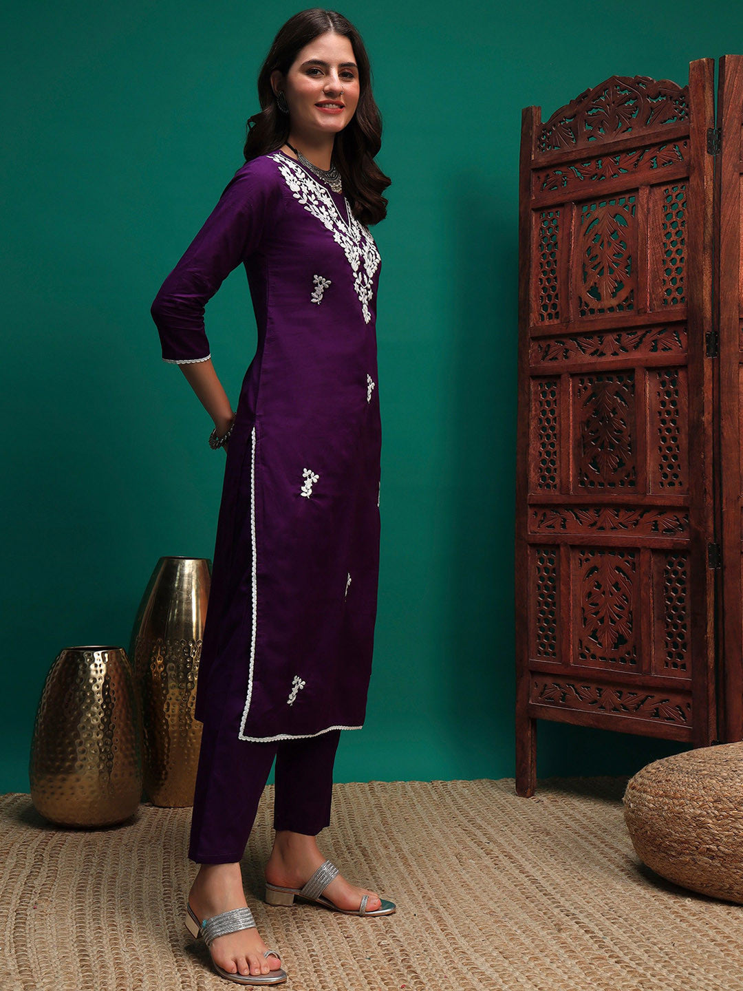 Floral Embroidered Chikankari Pure Cotton Straight Kurta With Trouser And Dupatta