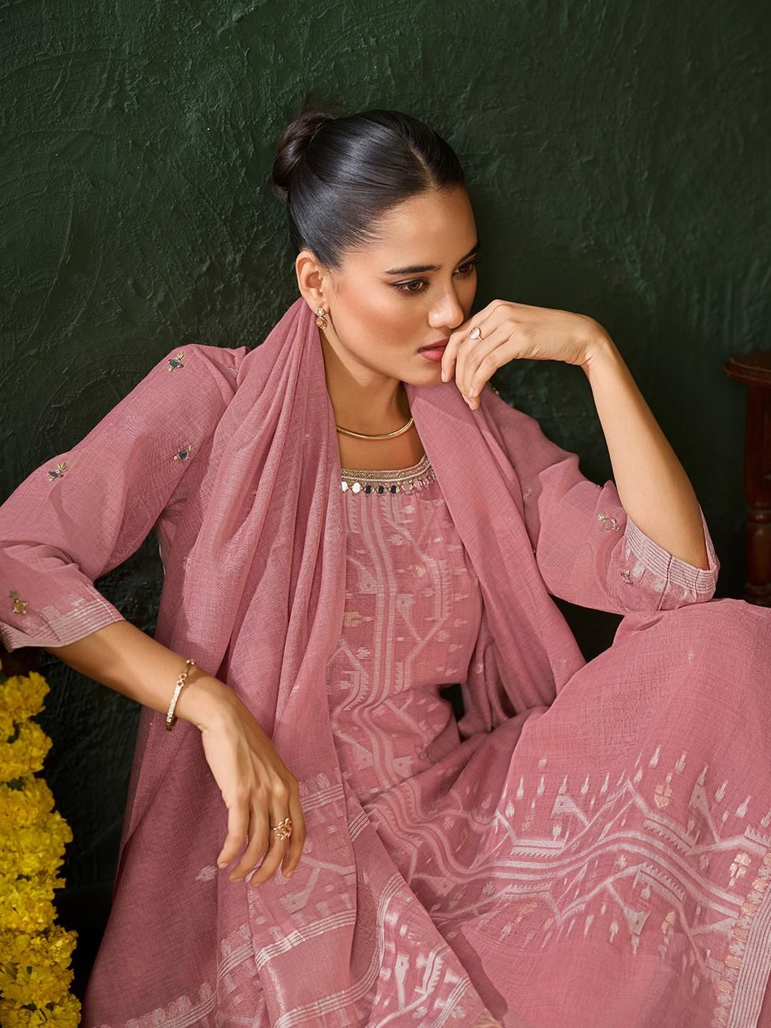 Dhiyona KL Women Pink Ethnic Motifs Embroidered Kurta With Palazzos & Dupatta