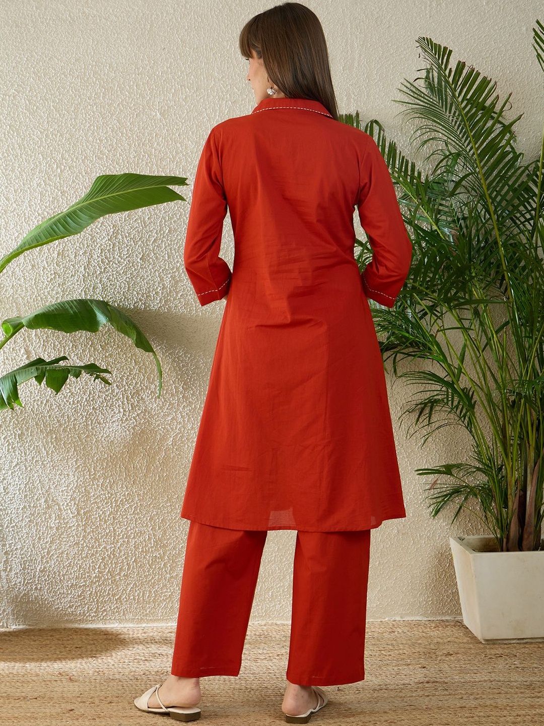 Dhiyona IE Printed Shirt Collar Three-Quarter Sleeves Pure Cotton Top With Trousers