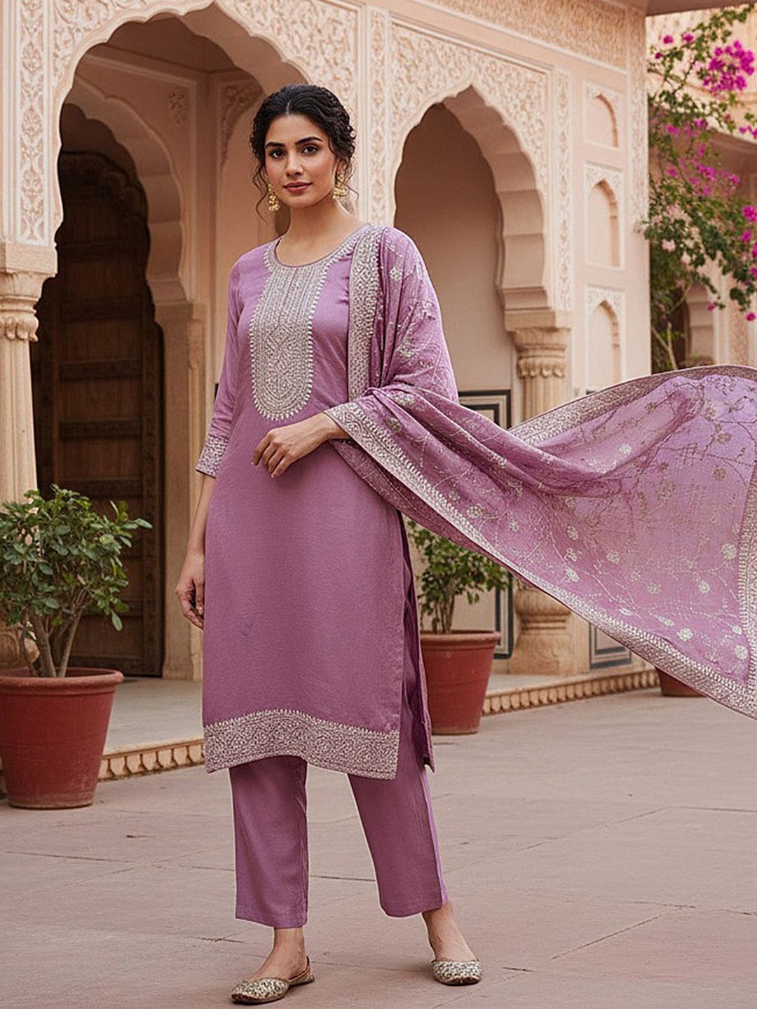 Dhiyona KL Floral Embroidered Sequinned Straight Kurta & Trousers With Dupatta