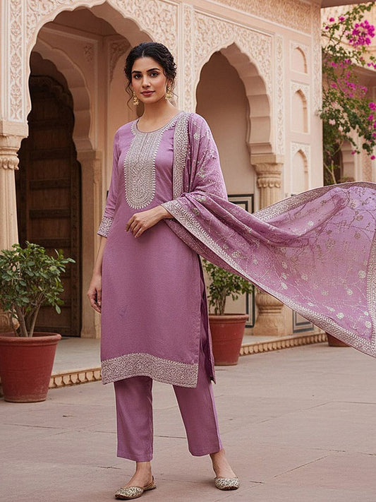 Dhiyona KL Floral Embroidered Sequinned Straight Kurta & Trousers With Dupatta