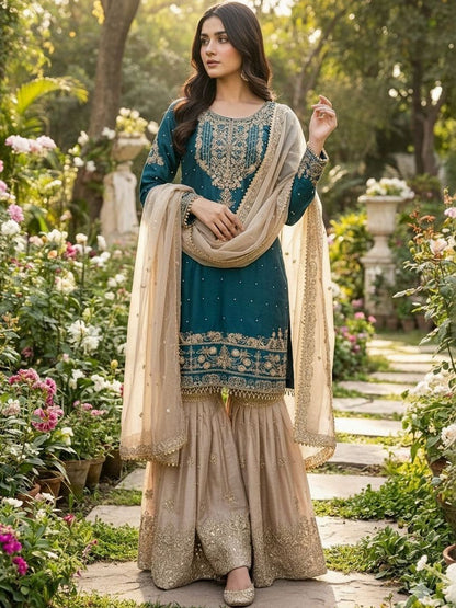 Dhiyona KL Women Ethnic Motifs Embroidered Regular Gotta Patti Kurta with Sharara & With Dupatta