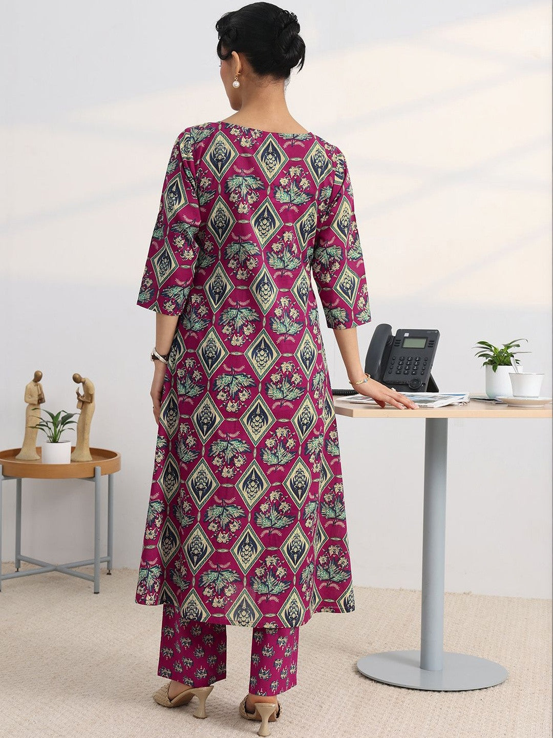 Libas Pink Floral Printed Cotton Blend A-Line Kurta Set