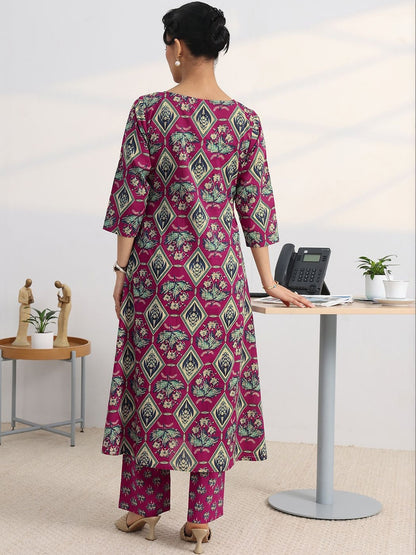 Libas Pink Floral Printed Cotton Blend A-Line Kurta Set