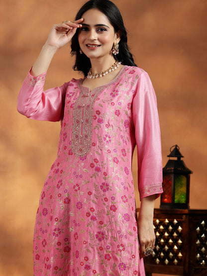 Women's LB Pink Woven Design Silk Blend Straight Suit With Dupatta