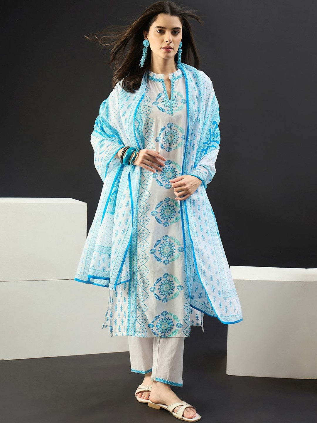 Women Ethnic Motifs Printed Regular Pure Cotton Kurta with Trousers & With Dupatta