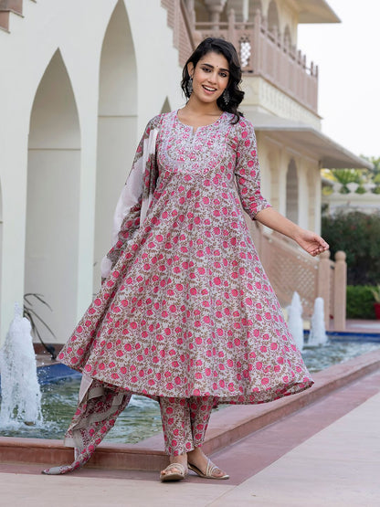 Dhiyona KL Women Floral Printed Regular Pure Cotton Kurta with Trousers & With Dupatta