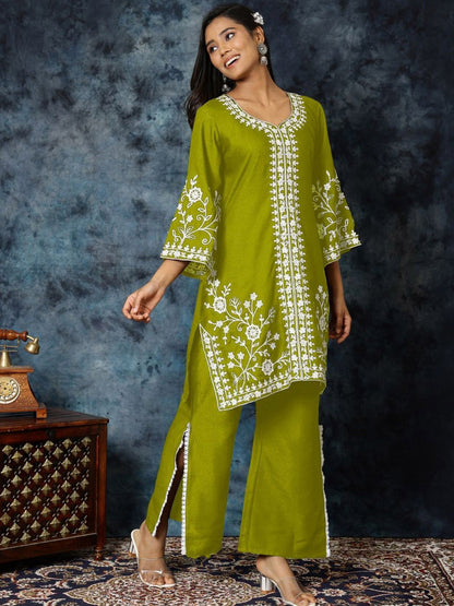Chikankari Embroidered A-Line Kurta & Palazzos