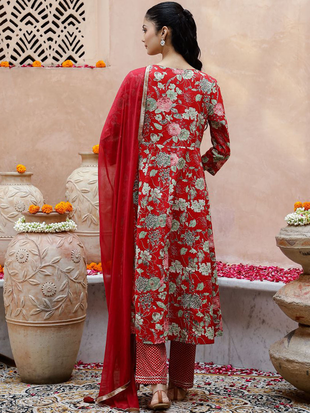 Floral Printed Beads & Stones Anarkali Kurta & Trouser With Dupatta