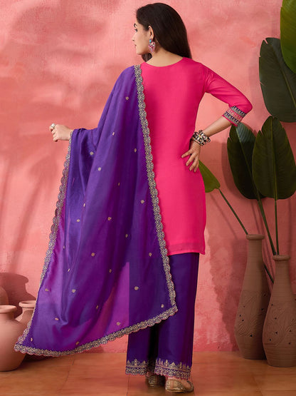 Dhiyona SN Purple Paisley Embroidered Round Neck Straight Kurta With Palazzos And Dupatta
